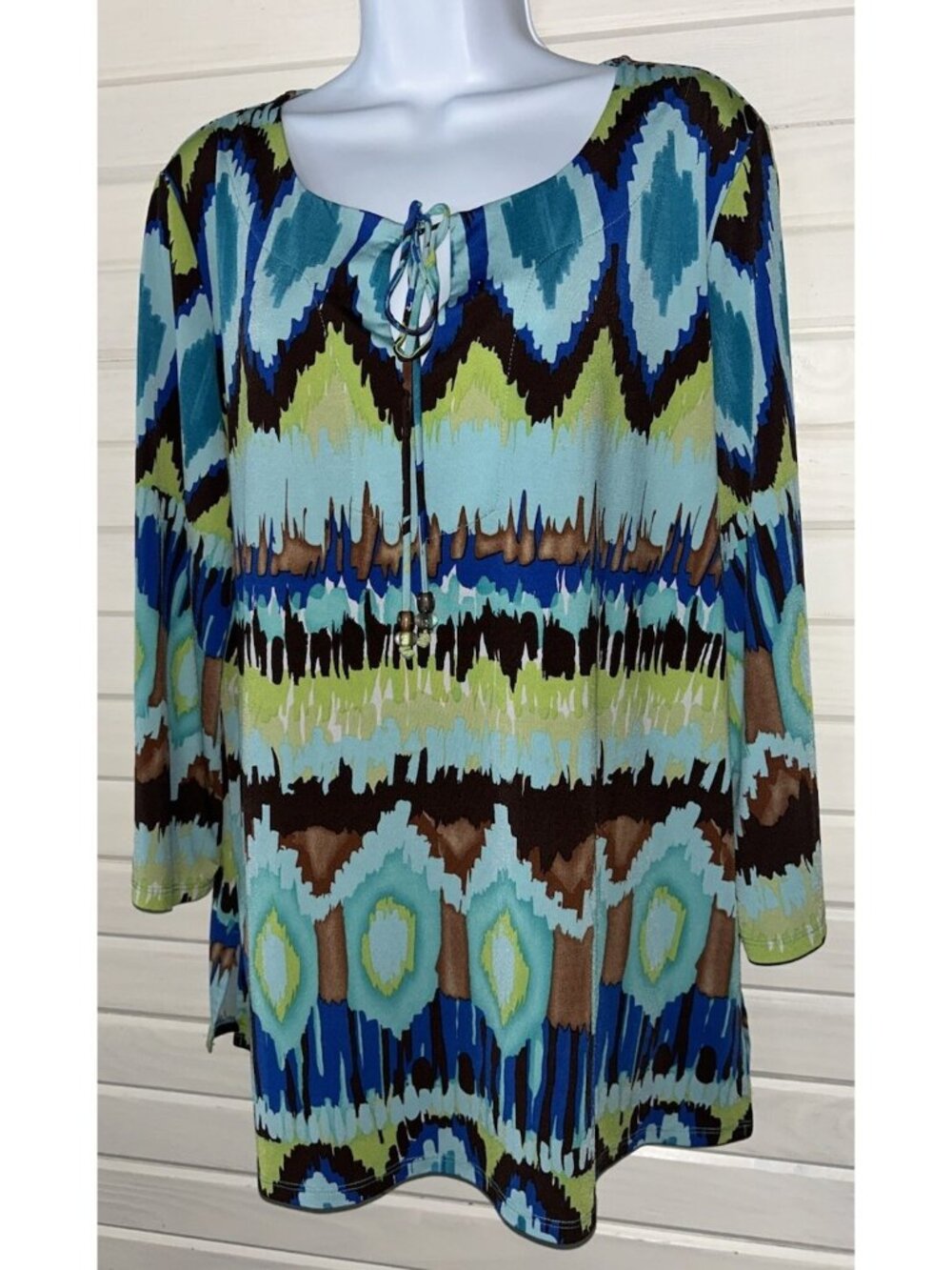 Susan Graver Sz LARGE Liquid Knit Printed Tunic Turquoise Beaded Tie EUC
